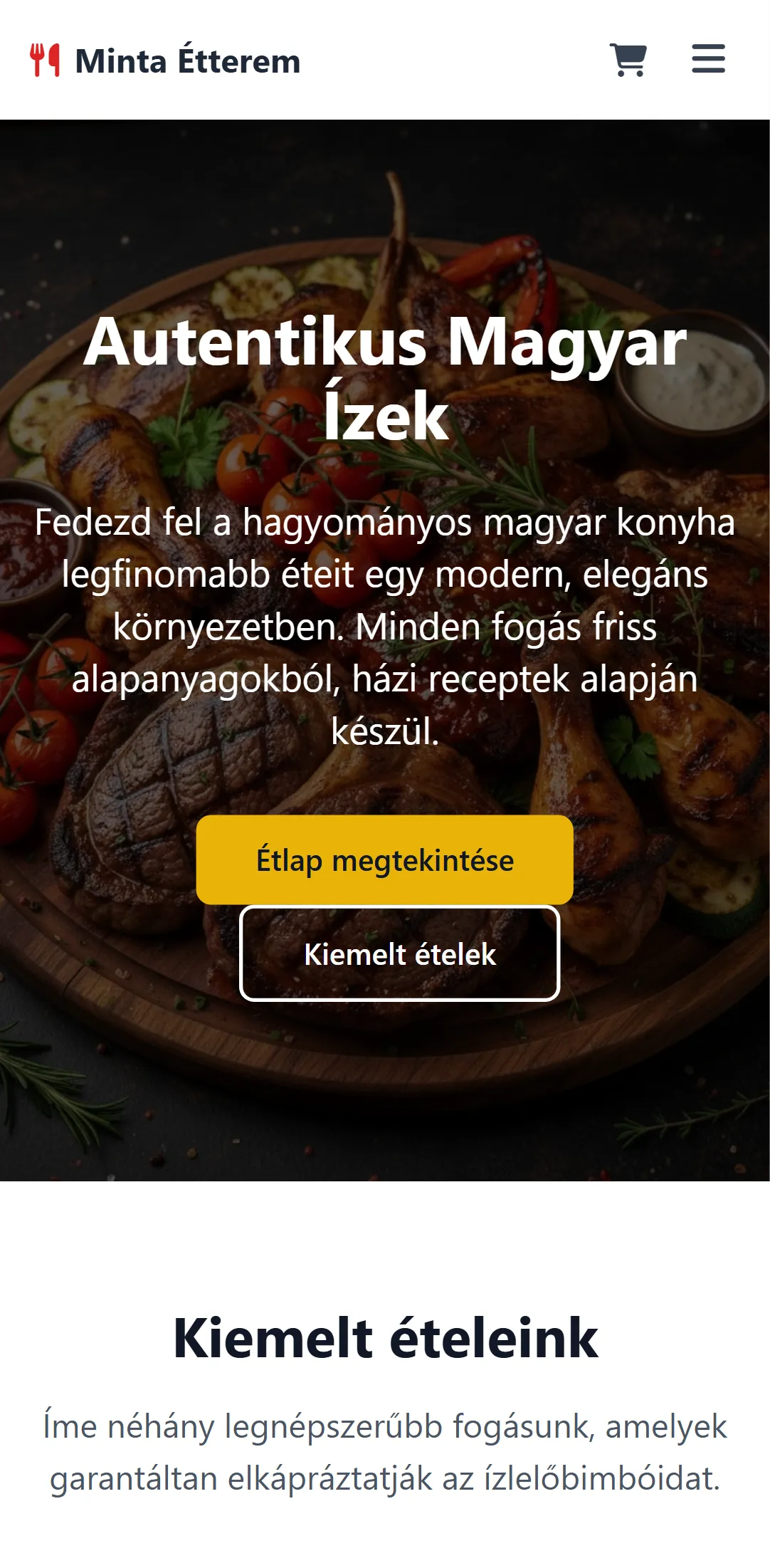 Étterem weboldal online étlappal és rendeléssel – mobil nézet